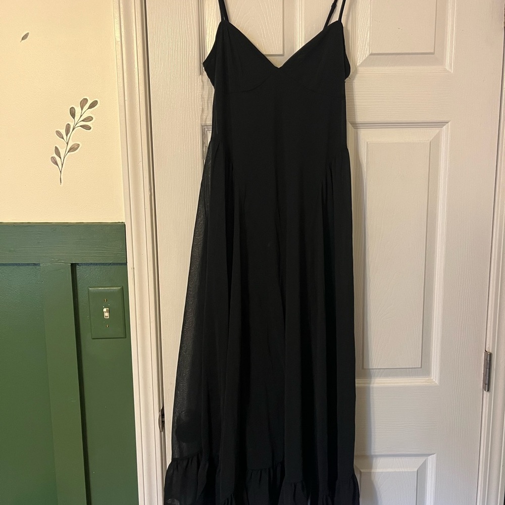 Black Spaghetti-Strap Midi Dress with ruffled a-line